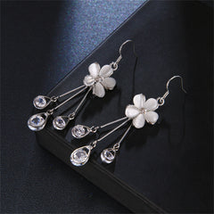 Cateye & Cubic Zirconia Silver-Plated Floral Teardrop Tassel Drop Earrings