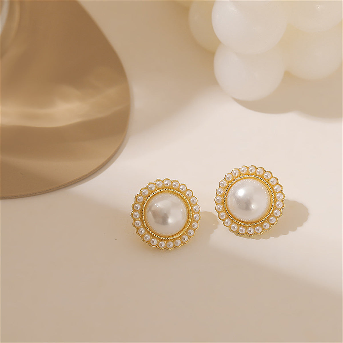 Pearl & 18K Gold-Plated Halo Round Stud Earrings