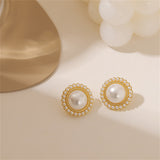 Pearl & 18k Gold-Plated Halo Round Stud Earrings
