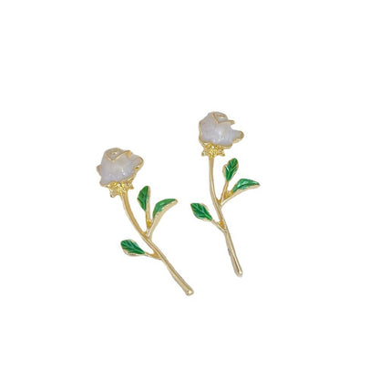 White Enamel and 18K Gold-Plated Rose Drop Earrings, gold drop earrings for women, botanical inspired, detail close-up