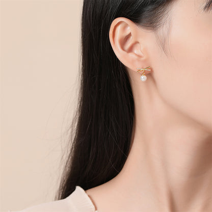 Cubic Zirconia and Pearl 18K Gold-Plated Drop Earrings, gold drop earrings for women, dainty minimalist design, side view