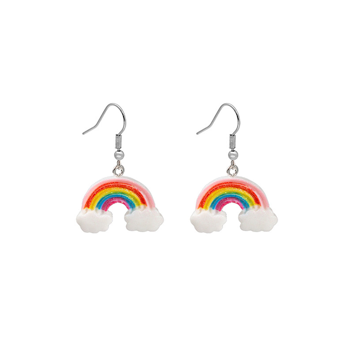 Pink and White Glitter Rainbow Cloud Drop Earrings, drop earrings for women, everyday style, styled look