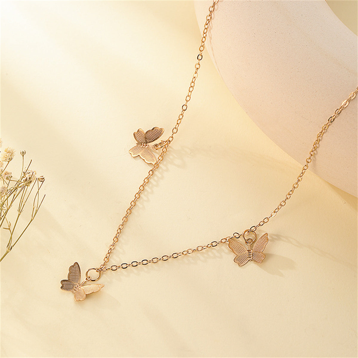 18K Gold-Plated Butterfly Station Necklace, gold pendant necklace for women, dainty minimalist design, front view