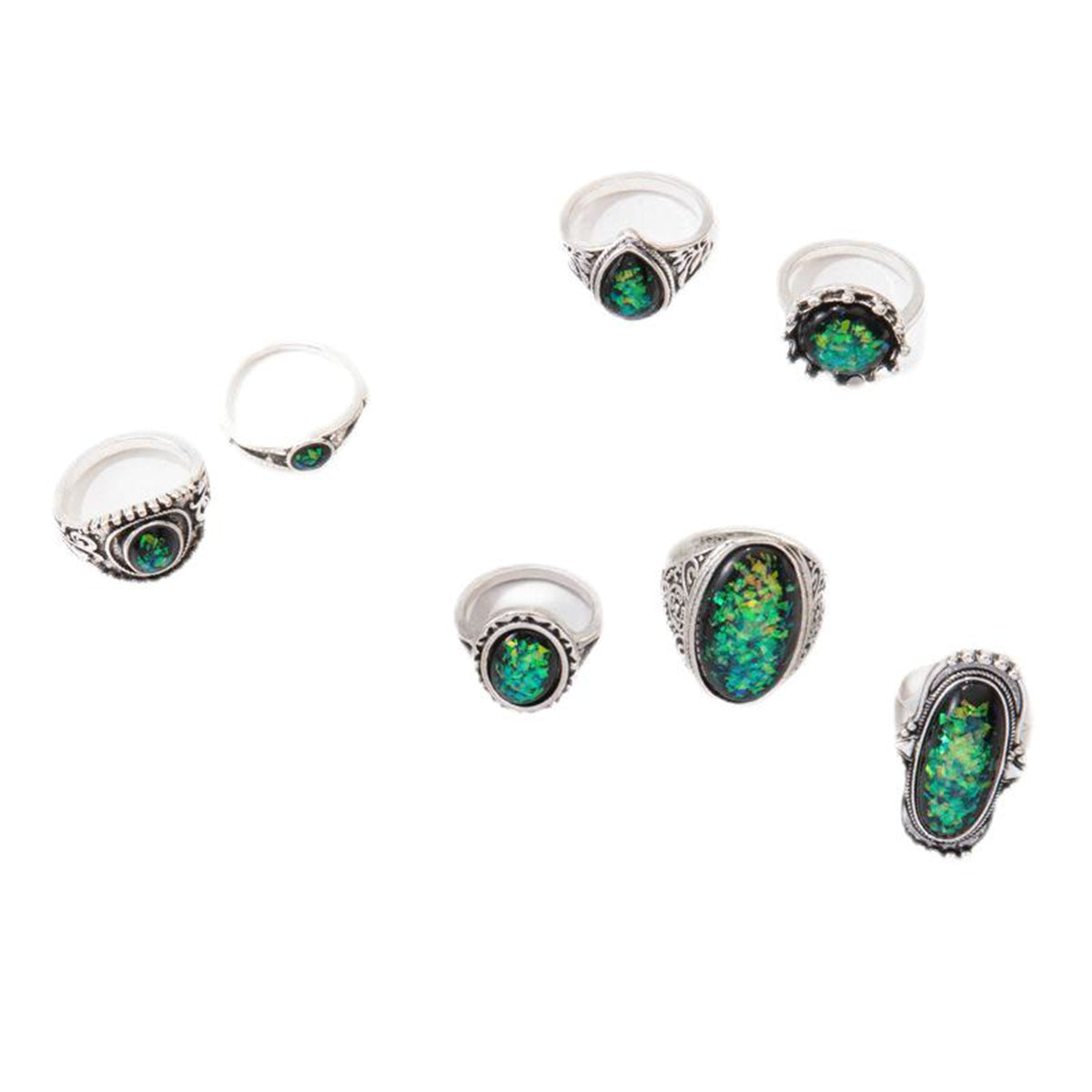 Black & Silver-Plated Long Oval Ring Set