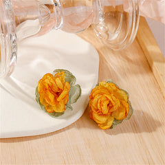 Yellow & Green Chiffon Flower Stud Earrings