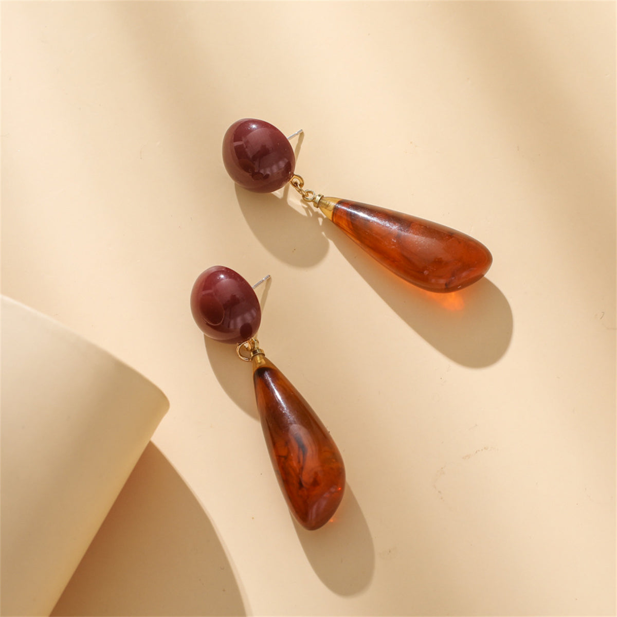 Brown Resin and 18K Gold-Plated Drop Earrings, gold drop earrings for women, everyday style, side view