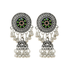 Green Resin & Silver-Plated Mandala Bell Drop Earrings