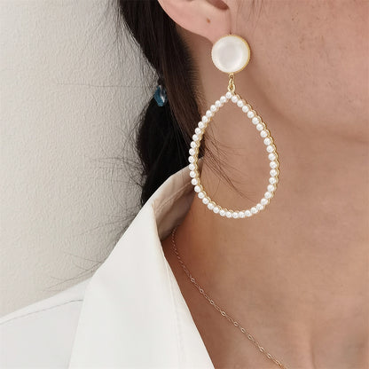 Quartz and Pearl 18K Gold-Plated Open Teardrop Earrings, gold drop earrings for women, everyday style, detail close-up