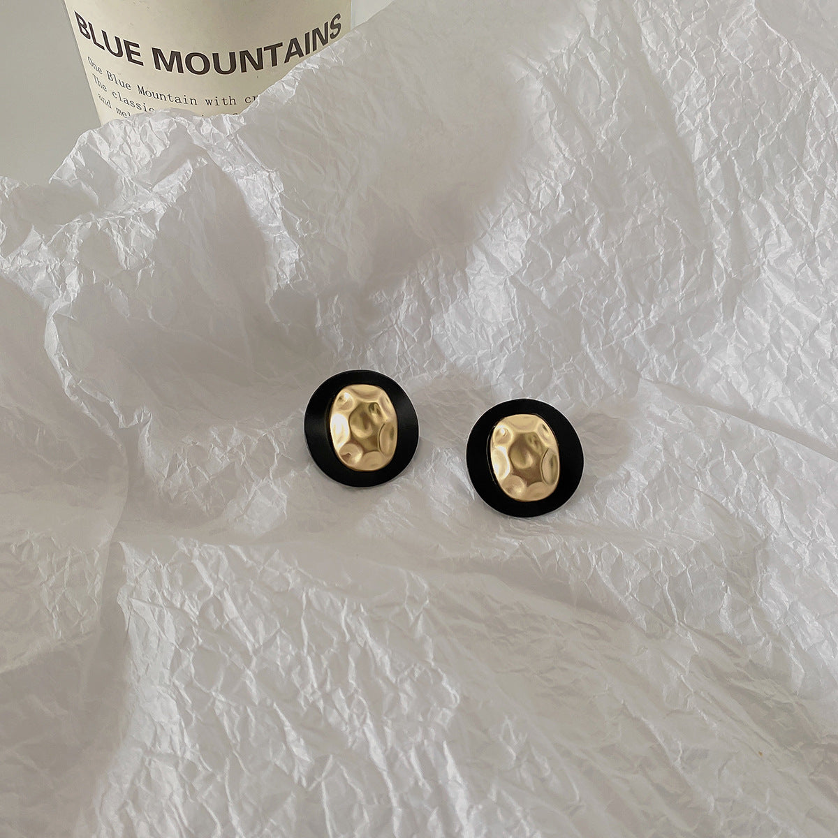 Black Enamel & 18K Gold-Plated Hammered Round Stud Earrings