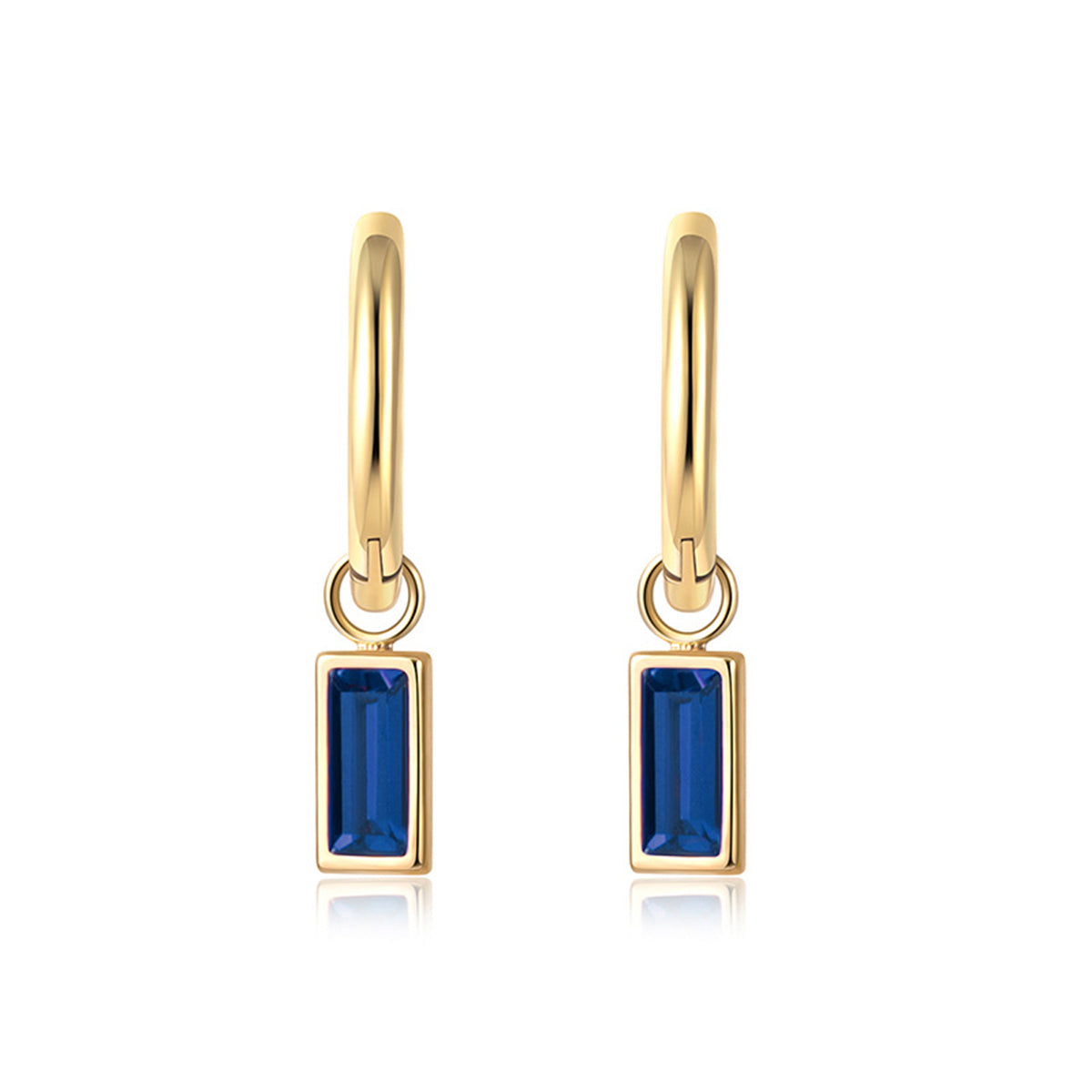 Blue Crystal and 18K Gold-Plated Rectangle Huggie Earrings, gold huggie earrings, everyday style, side view