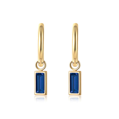Blue Crystal and 18K Gold-Plated Rectangle Huggie Earrings, gold huggie earrings, everyday style, side view