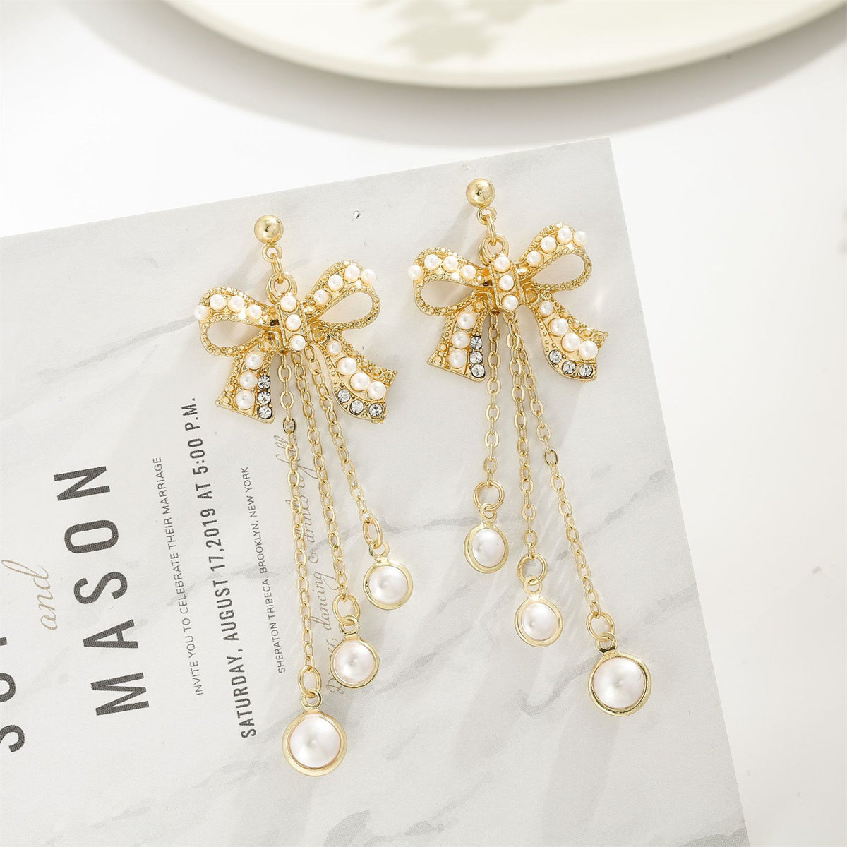 Pearl and Cubic Zirconia 18K Gold-Plated Bow Triple-Tassel Drop Earrings, gold drop earrings for women, side view