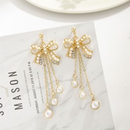 Pearl and Cubic Zirconia 18K Gold-Plated Bow Triple-Tassel Drop Earrings, gold drop earrings for women, side view