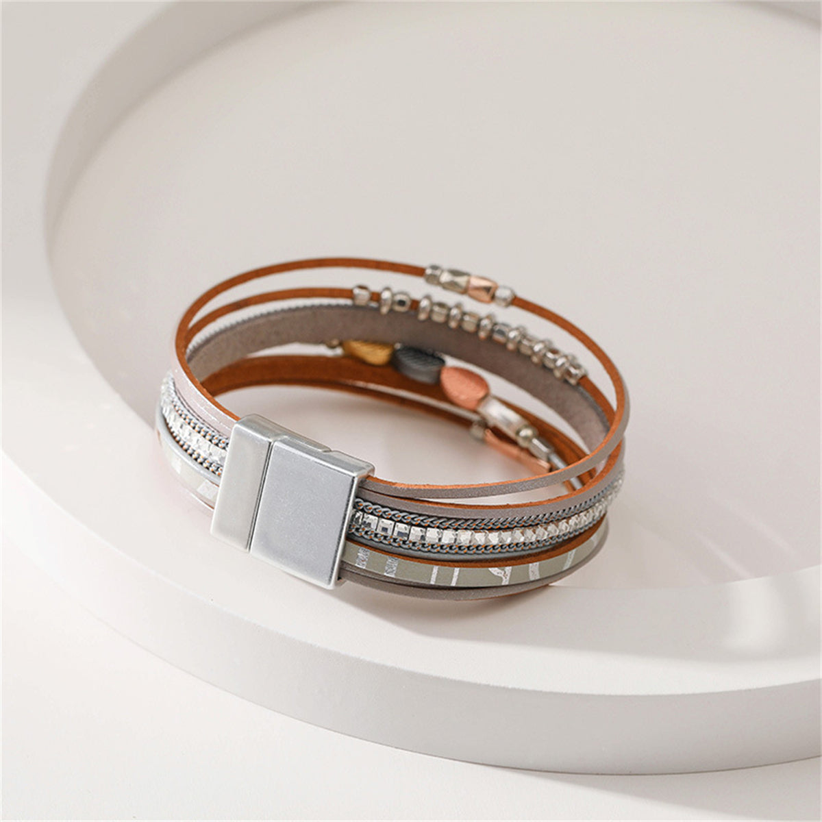 Gray Polystyrene and Silver-Plated Cubic Zirconia-Accent Leaves Layered Bracelet, silver bracelet for women, lifestyle look