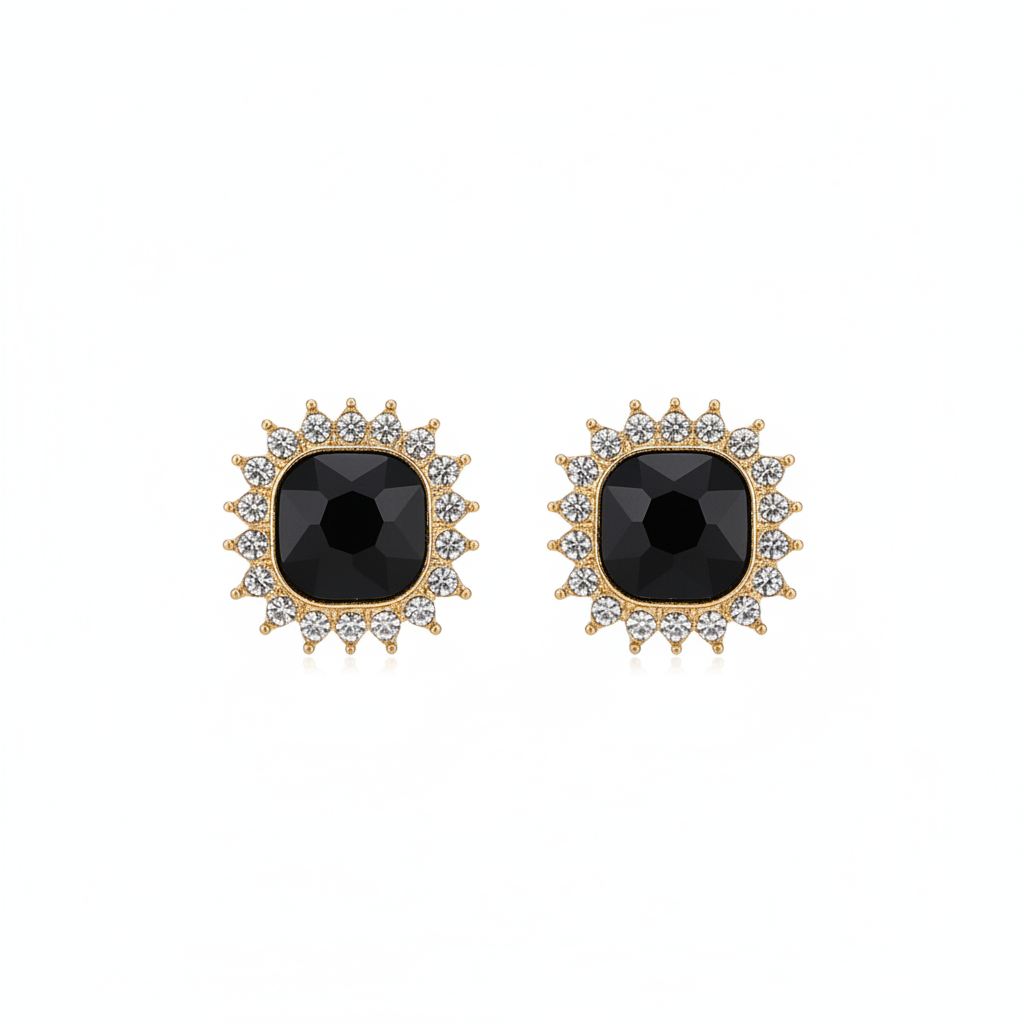 Black Crystal & 18K Gold-Plated Square Halo Stud Earrings - Street Region