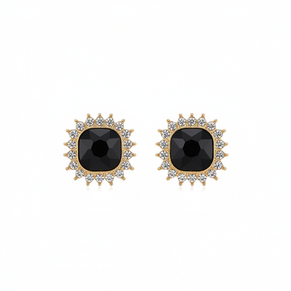 Black Crystal & 18K Gold-Plated Square Halo Stud Earrings - Street Region