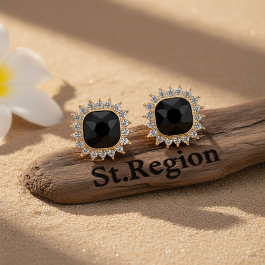 Black Crystal & 18K Gold-Plated Square Halo Stud Earrings - Street Region