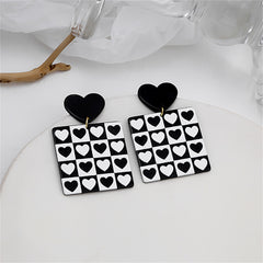 Black Acrylic Checkerboard Heart Earrings