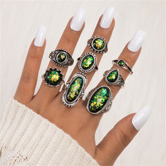 Black & Silver-Plated Long Oval Ring Set
