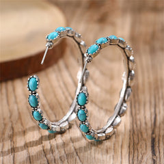 Turquoise & Silver-Plated Oval Beaded Hoop Earrings