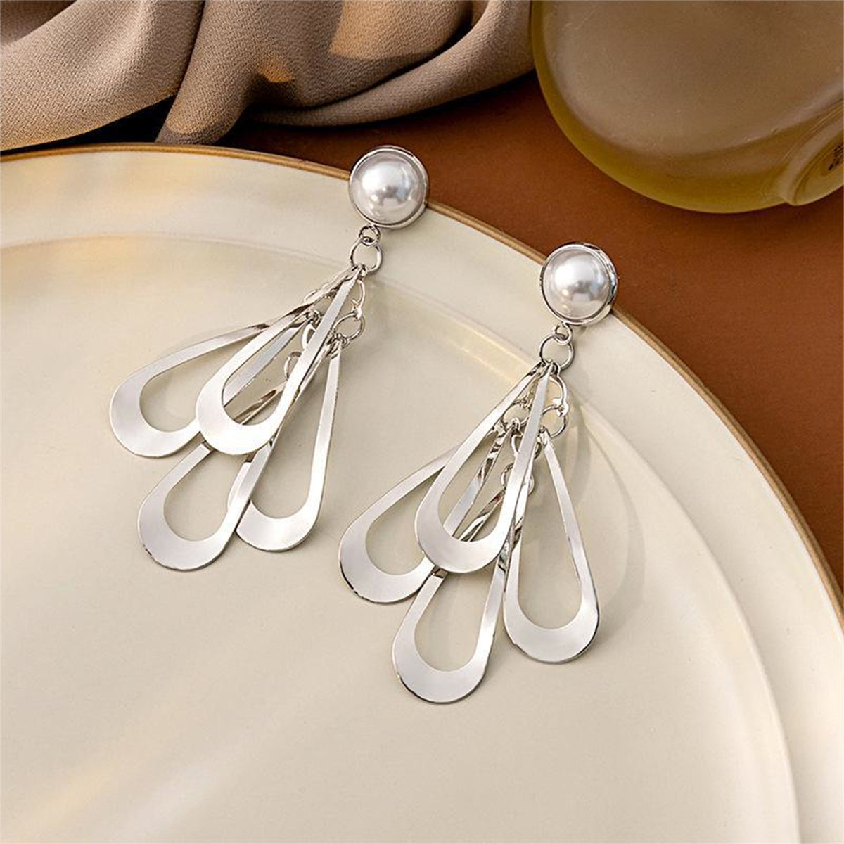 Pearl & Silver-Plated Layered Petal Drop Earrings