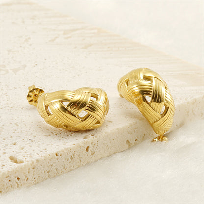18K Gold-Plated Weave-Accent Huggie Earrings, gold huggie earrings, vintage-inspired design, lifestyle look