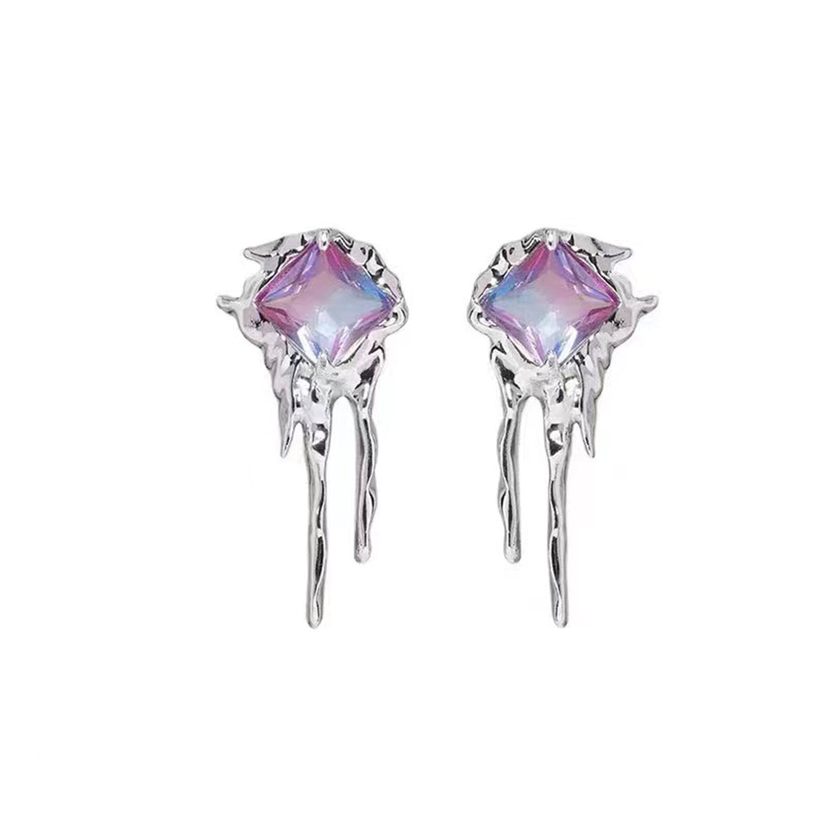 Purple Crystal and Silver-Plated Square Drip Stud Earrings, silver drop earrings for women, everyday style, styled look