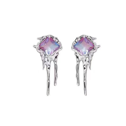 Purple Crystal and Silver-Plated Square Drip Stud Earrings, silver drop earrings for women, everyday style, styled look