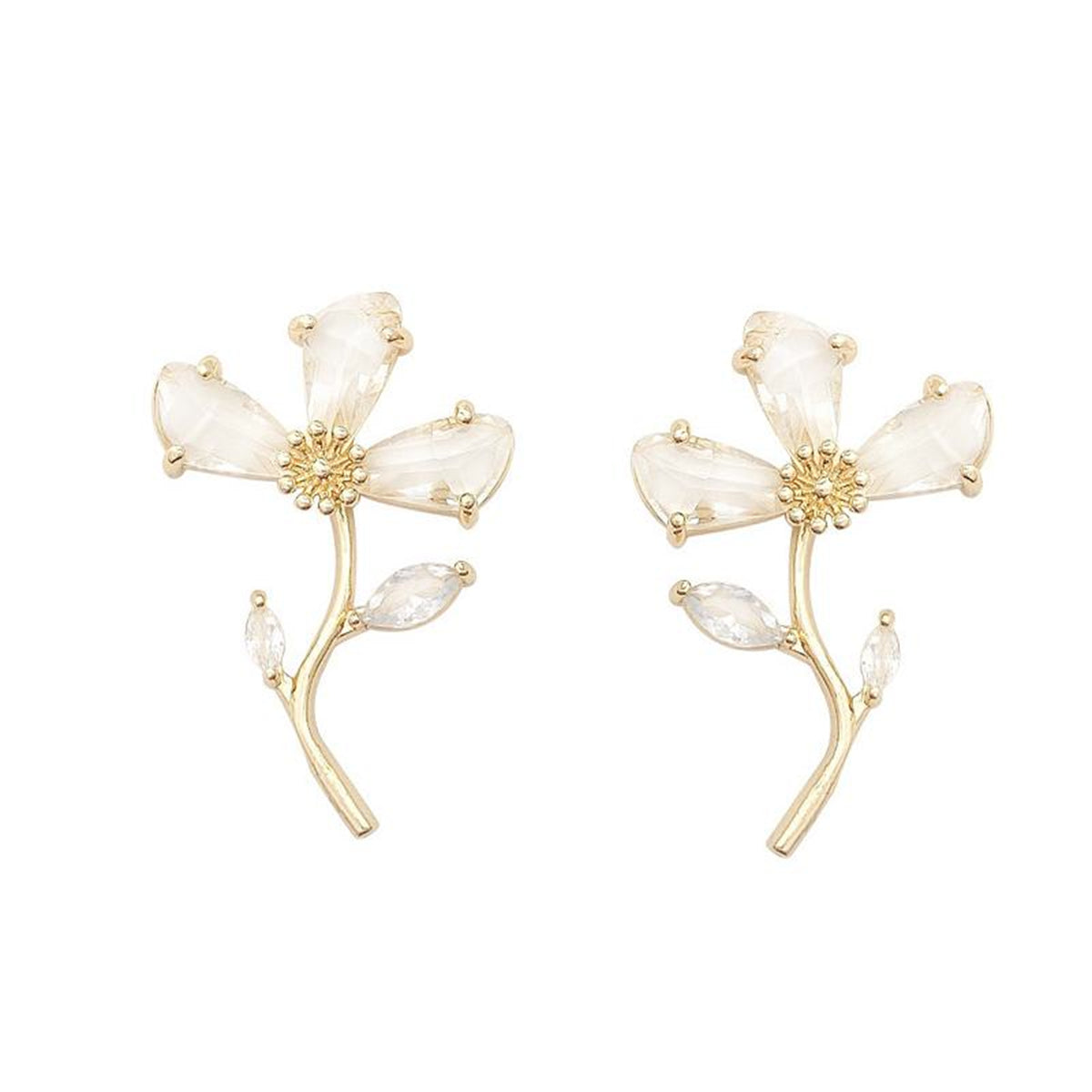 Clear Crystal and 18K Gold-Plated Flower Drop Earrings, gold stud earrings for women, botanical inspired, front view