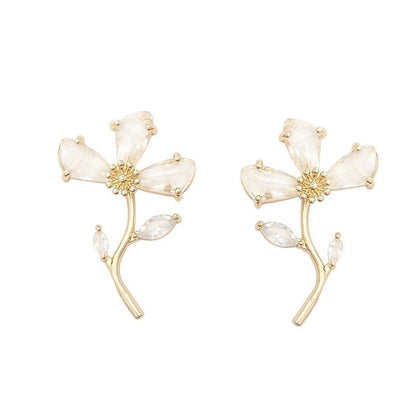 Clear Crystal and 18K Gold-Plated Flower Drop Earrings, gold stud earrings for women, botanical inspired, front view