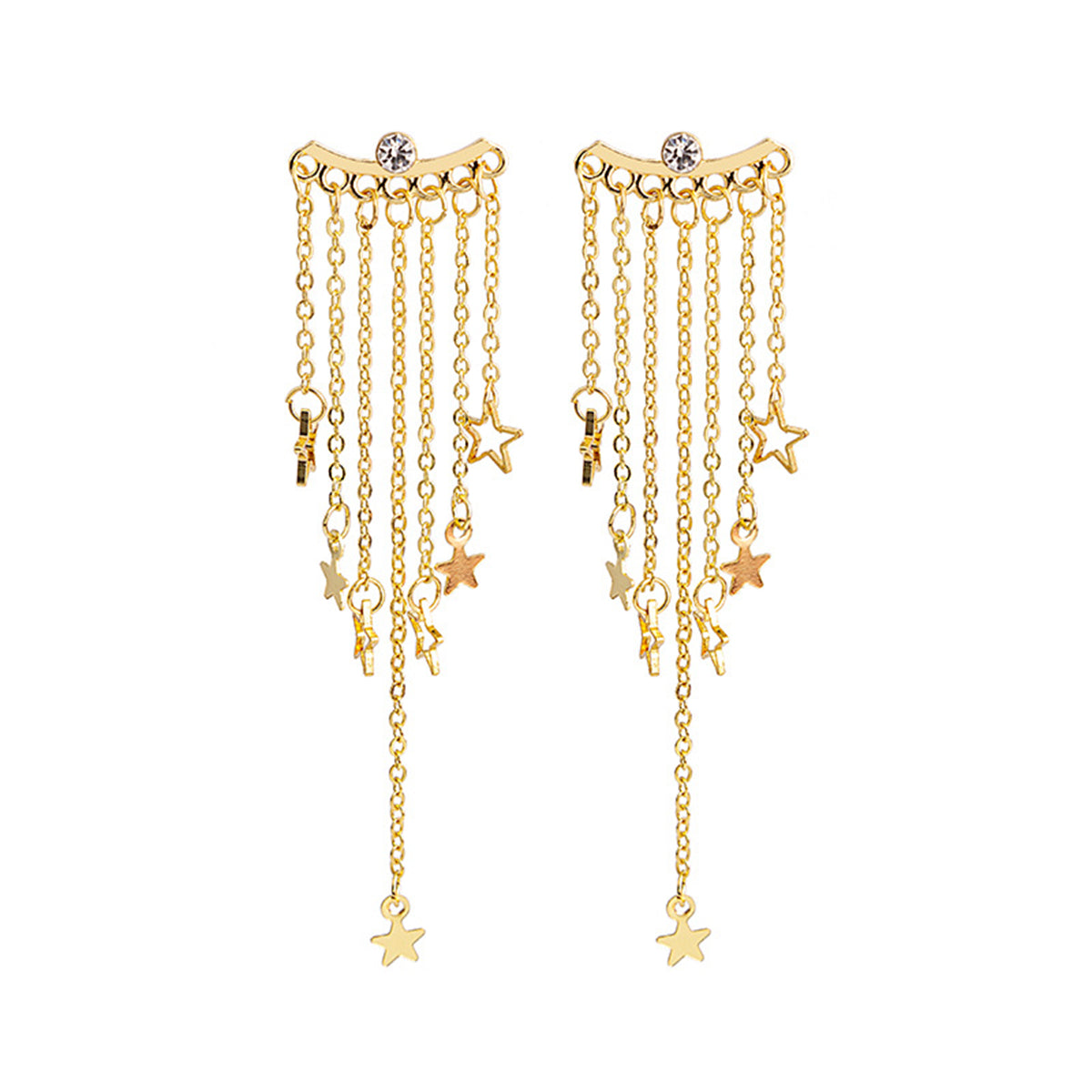 Cubic Zirconia and 18K Gold-Plated Star Tassel Ear Jackets, gold drop earrings for women, botanical inspired, front view