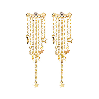 Cubic Zirconia and 18K Gold-Plated Star Tassel Ear Jackets, gold drop earrings for women, botanical inspired, front view