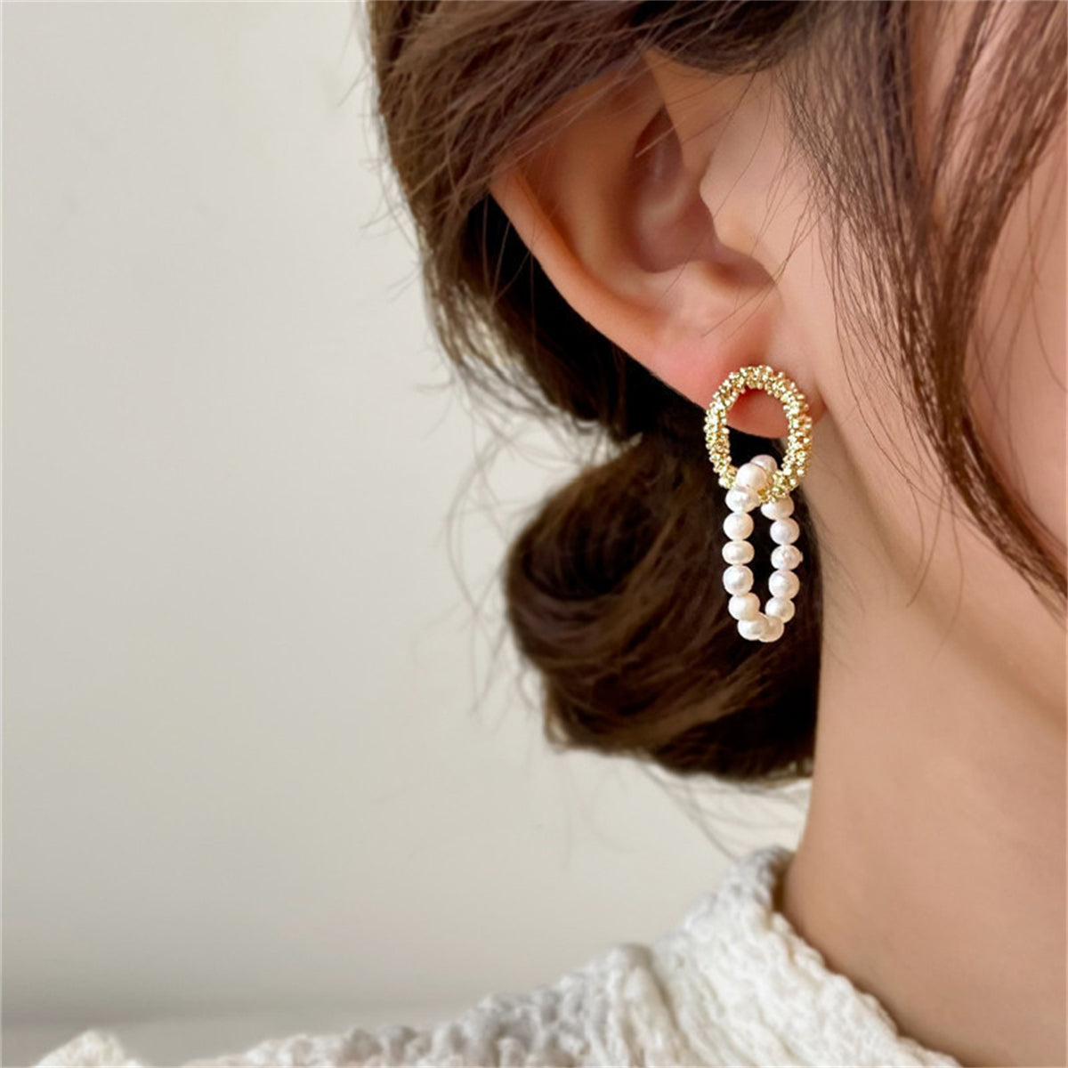 Pearl and 18K Gold-Plated Textured Interlocked Drop Earrings, gold drop earrings for women, lifestyle look