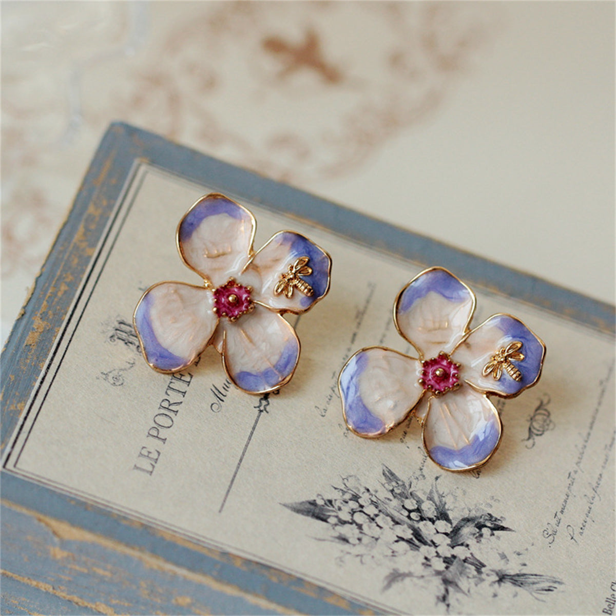 Purple Enamel & 18K Gold-Plated Bee Flower Stud Earrings