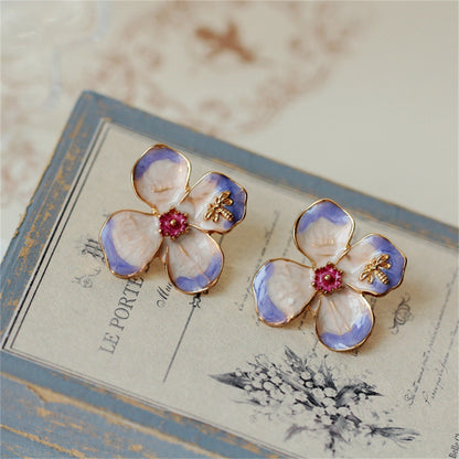 Purple Enamel & 18K Gold-Plated Bee Flower Stud Earrings