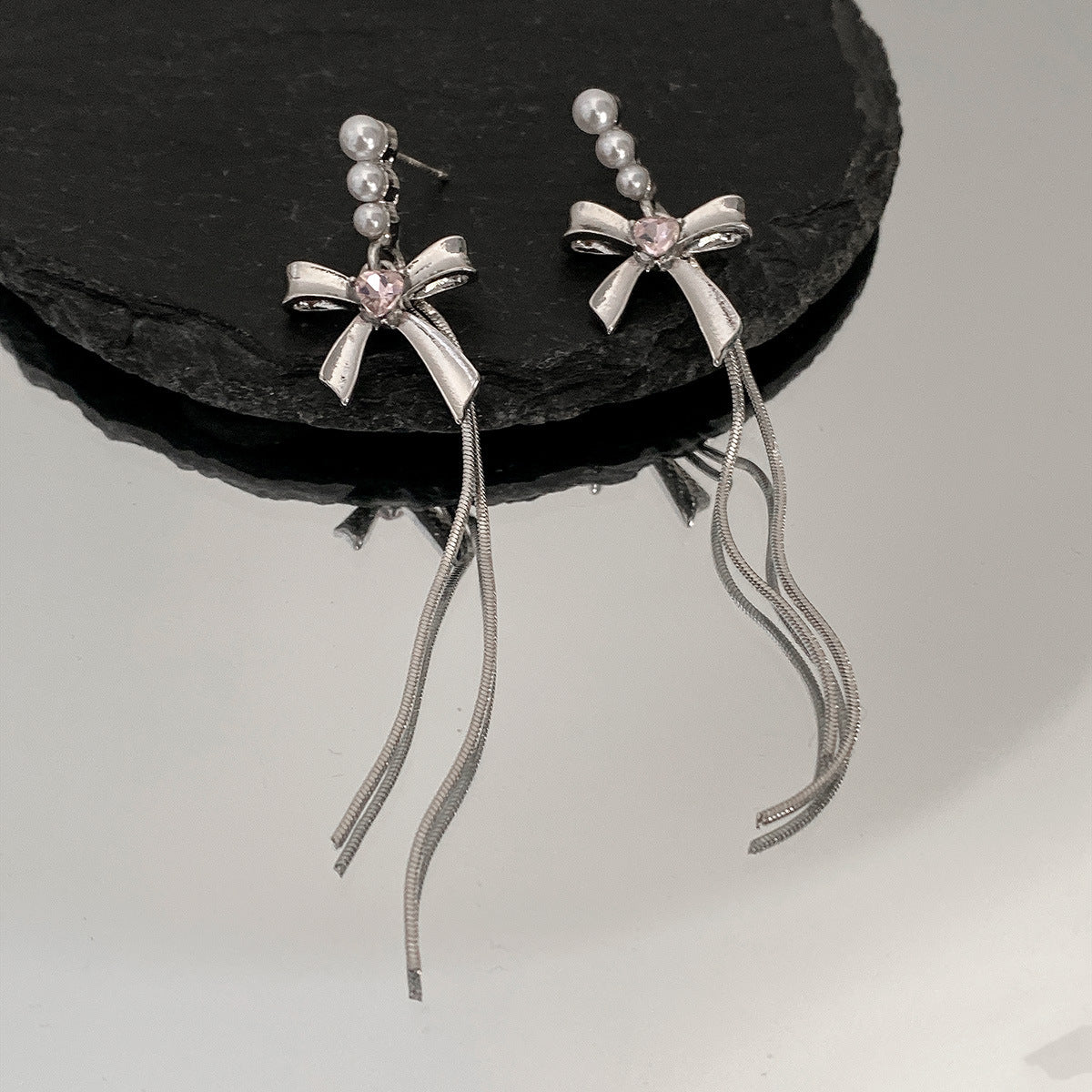 Pearl and Silver-Plated Bow Tassel Drop Earrings, silver drop earrings for women, botanical inspired, side view