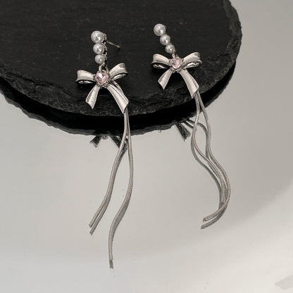Pearl and Silver-Plated Bow Tassel Drop Earrings, silver drop earrings for women, botanical inspired, side view