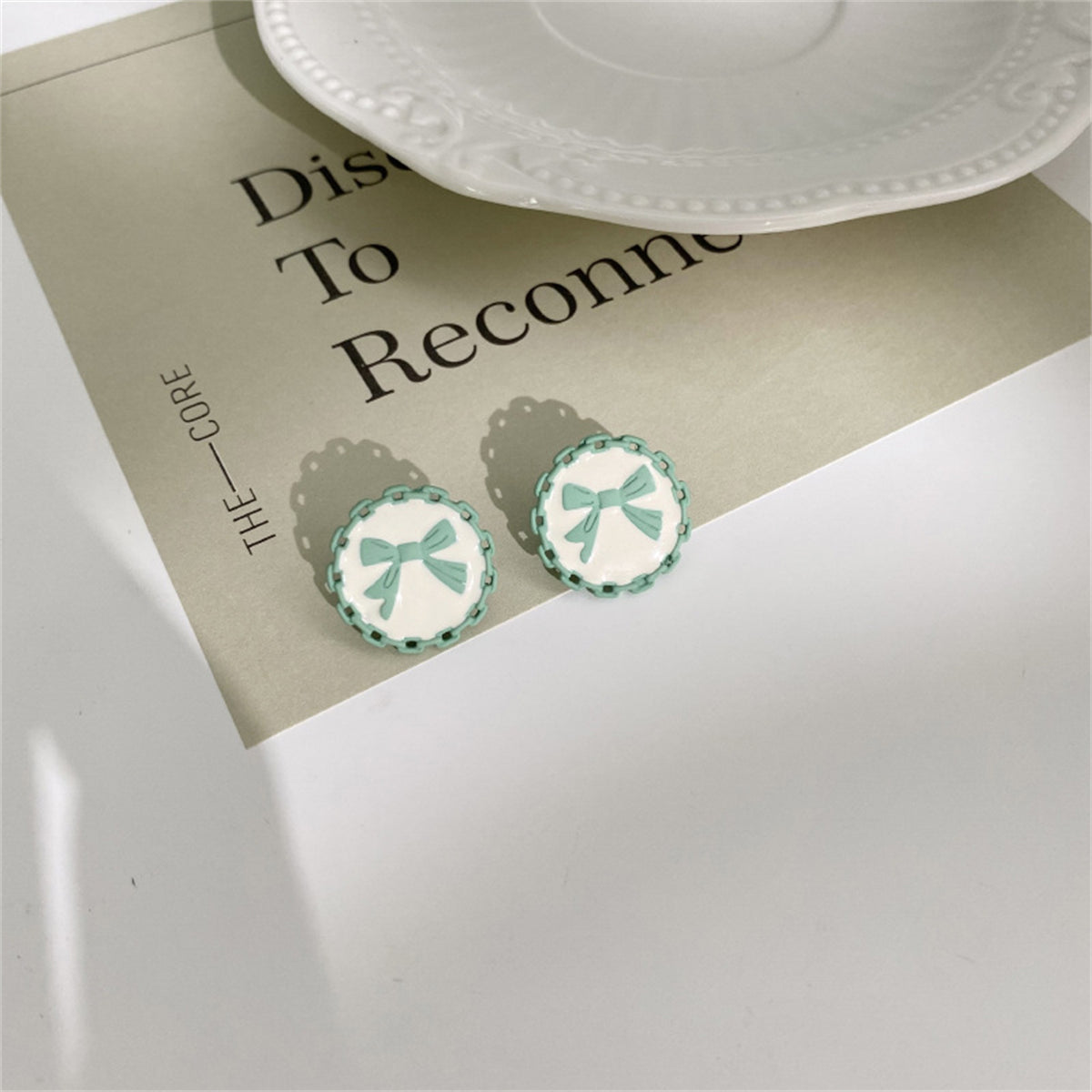 Green & White Bow Stud Earrings