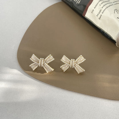 White Enamel and Pearl Bow Stud Earrings, stud earrings for women, everyday style, styled look
