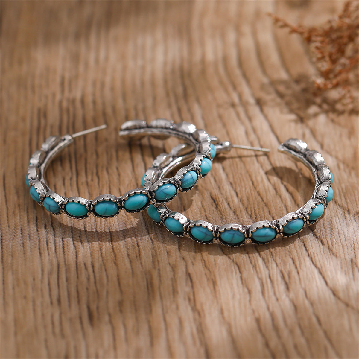 Turquoise & Silver-Plated Oval Beaded Hoop Earrings