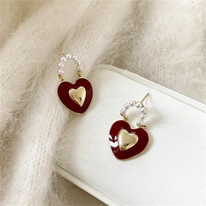 Red Enamel and Pearl 18K Gold-Plated Heart Drop Earrings, gold drop earrings for women, elegant gift for her, detail close-up