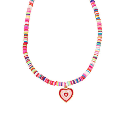Pink and Red Enamel Polymer Clay Heart Pendant Necklace, pendant necklace for women, everyday style, front view
