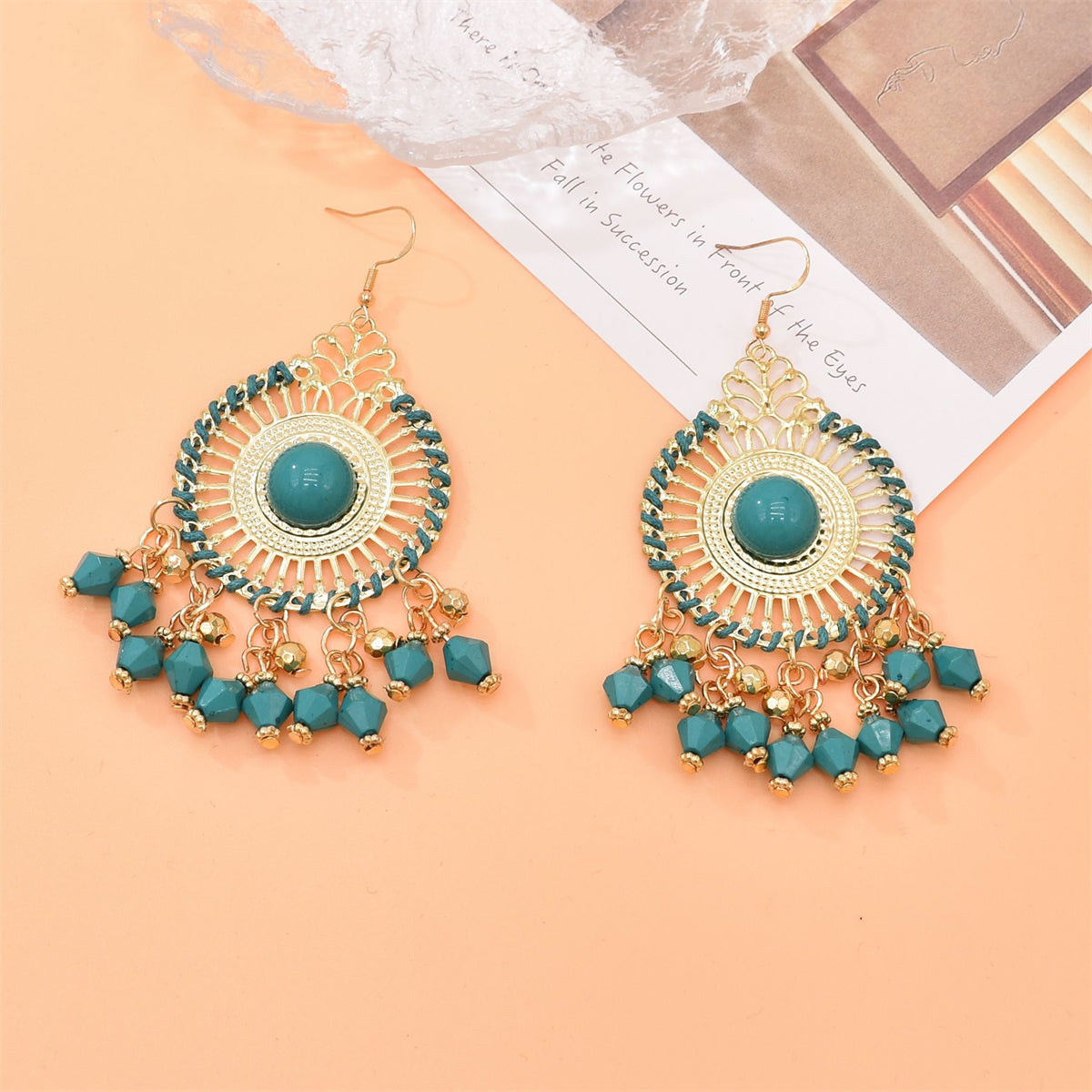 Green Acrylic and Enamel 18K Gold-Plated Openwork Round Drop Earrings, gold drop earrings for women, detail close-up
