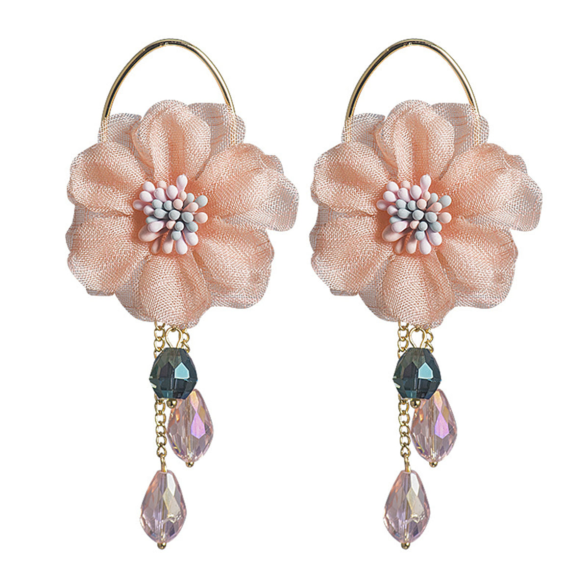 Pink Polyester and Acrylic Floral Tassel Drop Earrings, drop earrings for women, everyday style, front view