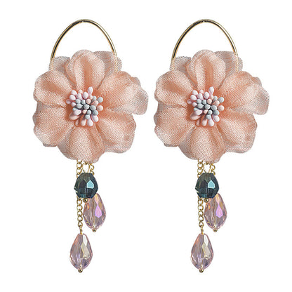 Pink Polyester and Acrylic Floral Tassel Drop Earrings, drop earrings for women, everyday style, front view