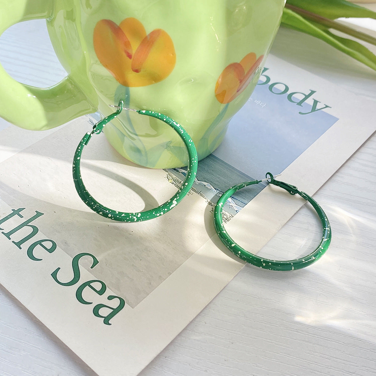 Green Enamel & Silver-Plated Hoop Earrings