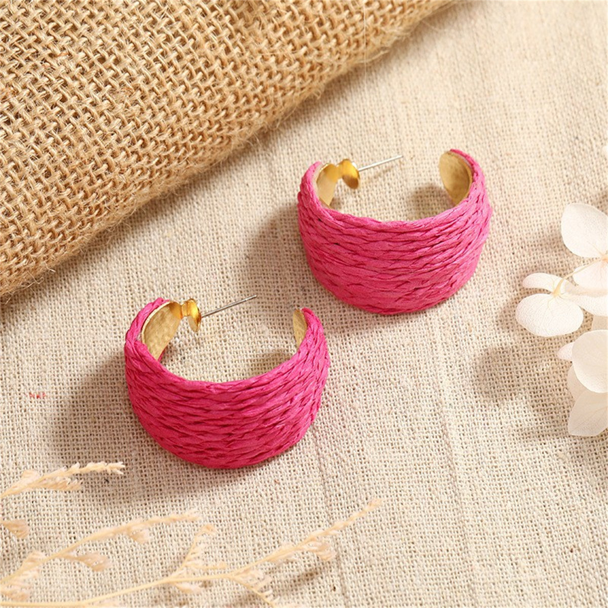 Rose Raffia & 18K Gold-Plated Huggie Earrings