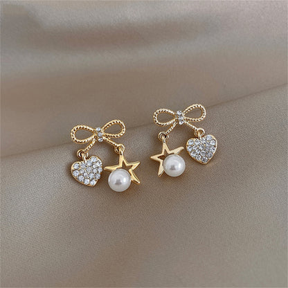 Cubic Zirconia and Pearl 18K Gold-Plated Bow Heart Star Drop Earrings, gold drop earrings for women, detail close-up