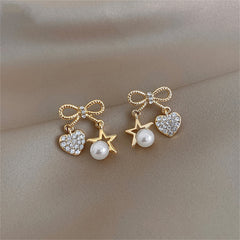 Cubic Zirconia & Pearl 18K Gold-Plated Bow Heart Star Drop Earrings