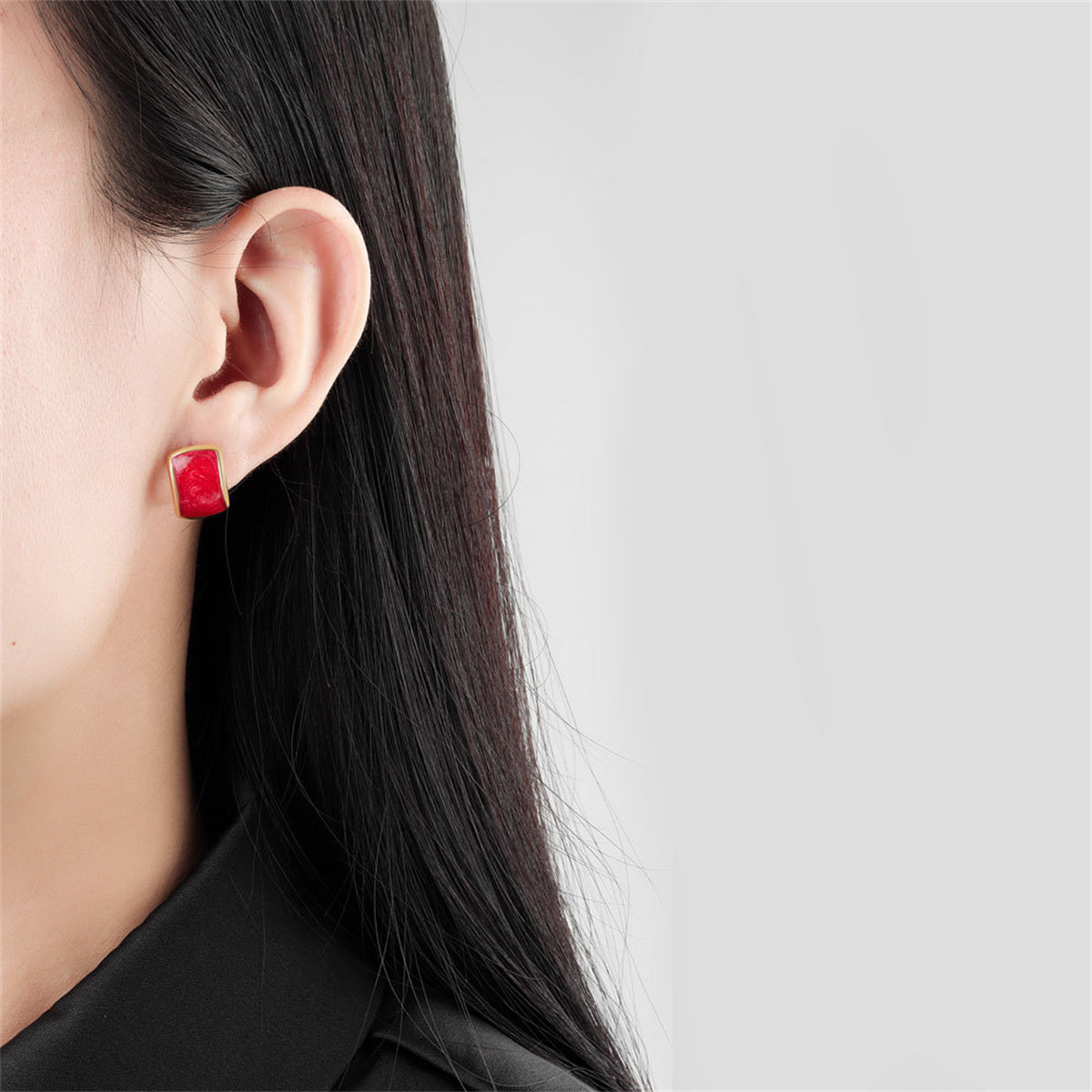Red Enamel and 18K Gold-Plated Curved Face Stud Earrings, gold stud earrings for women, detail close-up